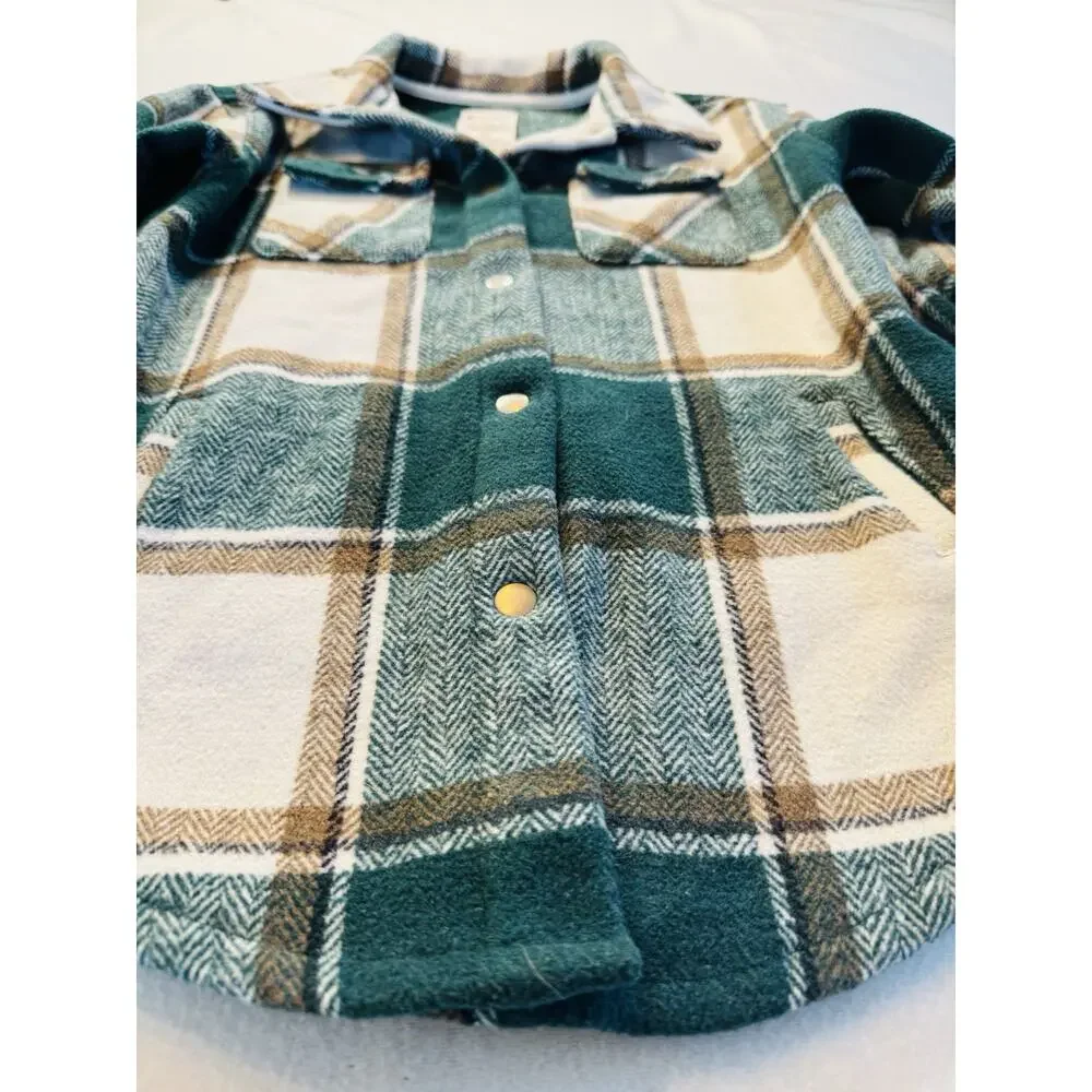 Fornia Kids Shacket Green Plaid Small /8 Snap Front‎ Shirt Jacket Fleece
